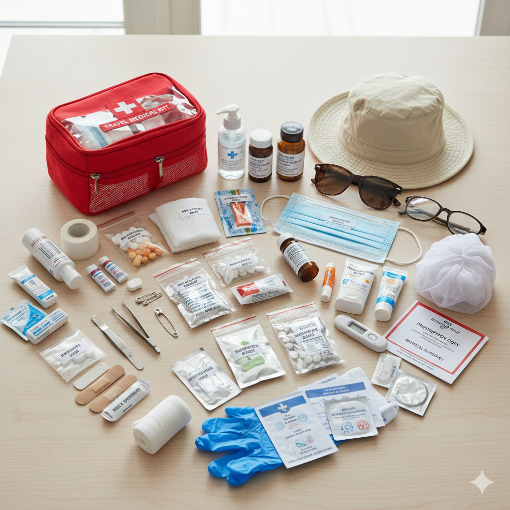 Travel Medical Kit Essentials,Core first-aid essentials, A well-prepared travel medical kit keeps minor problems from turning into trip-ending emergencies and saves time when healthcare is hard to access. Packing targeted essentials also helps your content rank for keywords like “travel health kit,” “travel first aid kit,” and “travel medical kit essentials.”
​

What is a travel medical kit?
A travel medical kit is a compact collection of first-aid supplies, basic medicines, and personal health items you carry on trips to manage common illnesses and minor injuries. It should be tailored to your destination, trip length, planned activities, and your existing medical conditions.
​

Core first-aid essentials
Adhesive bandages in assorted sizes for small cuts, blisters, and scrapes. Add sterile gauze pads, medical tape, and a crepe bandage for larger wounds or sprains.
​

Antiseptic wipes or solution (alcohol or iodine) plus an antibiotic or antiseptic ointment to clean and protect minor wounds.
​

Blister pads or moleskin to prevent and treat friction blisters, especially on walking or hiking trips.
​

Tweezers, small scissors, safety pins, and disposable gloves for safe and precise first-aid handling.
​

Essential medications to pack
Pain and fever relievers such as paracetamol/acetaminophen, ibuprofen, or aspirin (if appropriate for you). These help with headaches, muscle pain, and mild fevers during travel.
​

Anti-diarrheal medicine, oral rehydration salts, and an antacid to manage common digestive upsets on the road.
​

Antihistamine tablets and low-potency hydrocortisone cream for allergies, insect bites, or mild rashes.
​

Motion sickness tablets if you are prone to nausea on planes, boats, or buses. Consider a mild laxative as well for constipation related to routine or diet changes.
​

Infection, hygiene, and sun protection
Alcohol-based hand sanitizer, antiseptic wipes, and a few high-quality masks reduce the risk of picking up infections while traveling. These are especially useful in crowded airports, buses, and trains.
​

Broad-spectrum sunscreen (SPF 30+), lip balm with SPF, sunglasses, and a hat protect skin and eyes from UV damage. Insect repellent with DEET or picaridin and, where needed, a mosquito net help prevent bites and mosquito-borne diseases.
​

Personal prescriptions and special items
Take all regular prescription medicines in original labeled containers, and pack extra in case of delays. Include a copy of prescriptions and a brief medical summary if you have chronic conditions.
​

If you use needles, syringes, or other specialized equipment, carry enough for the entire trip plus a note or certificate from your healthcare provider explaining their medical need.
​

Pack a spare pair of glasses or contact lenses, contact solution, and lubricating eye drops to prevent discomfort in dry airplane cabins.
​

Tools and extras that are easy to forget
Digital thermometer to check for fever and monitor infections early.
​

Small first-aid guide or card that reminds you how to treat common injuries and when to seek urgent care.
​

Water purification tablets or a compact filter if you are traveling to areas with uncertain water quality. Condoms and personal contraceptives are also recommended in many travel health checklists.
​

How to organize and pack your kit
Use a compact, clearly labeled pouch or box with internal pockets so items are easy to find during stressful moments. Keep medicines in waterproof bags, and store critical items like prescriptions in your carry-on, not checked luggage.
​

Check expiration dates before every trip and restock bandages, disinfectants, and key medications regularly.
